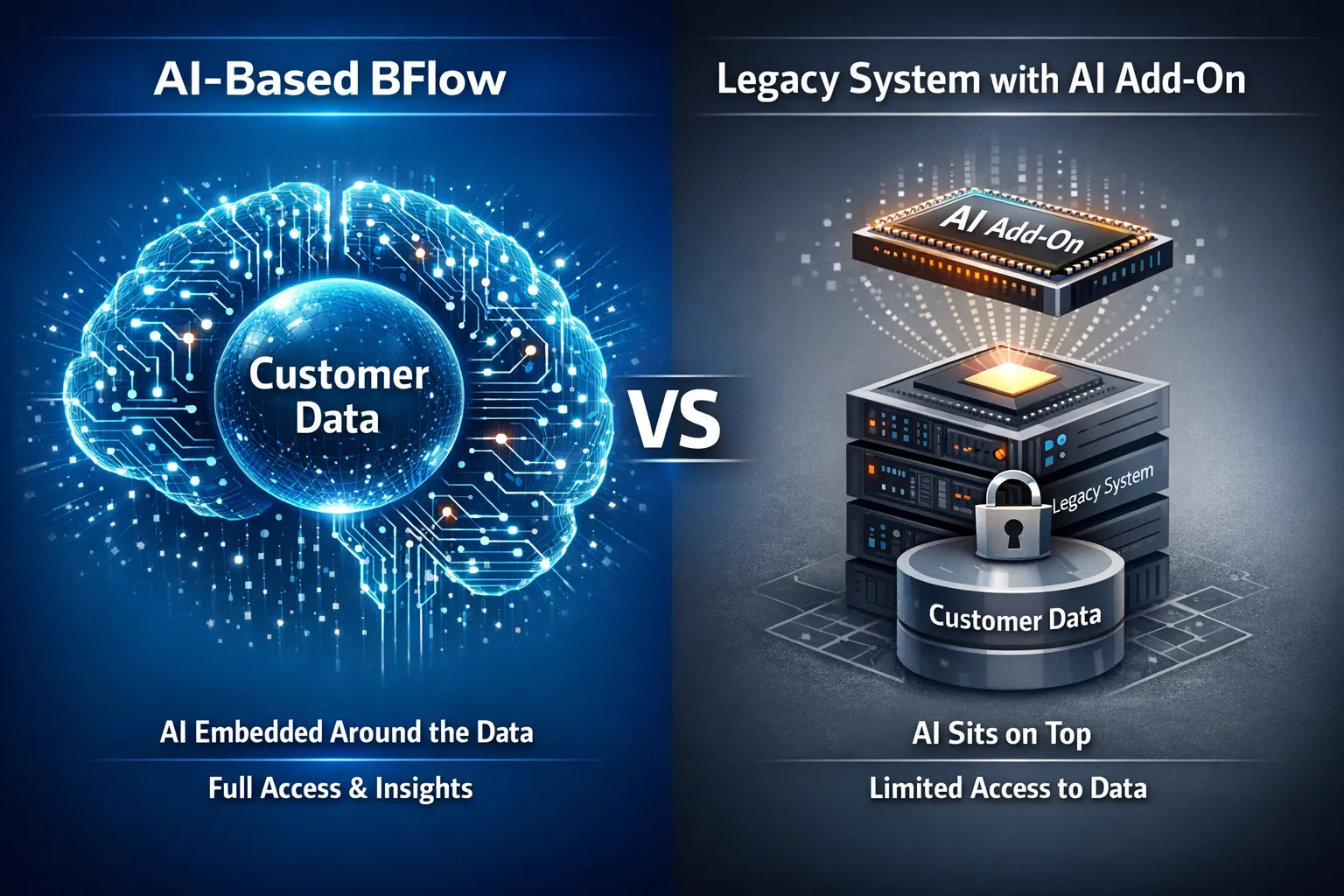 AI-Based BFLOW® with AI embedded around customer data versus Legacy System with AI Add-On