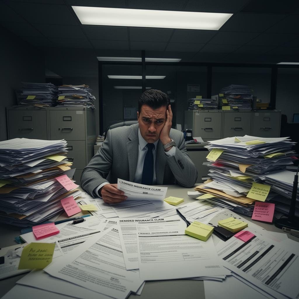 Frustrated billing specialist overwhelmed by denied insurance claims and paperwork