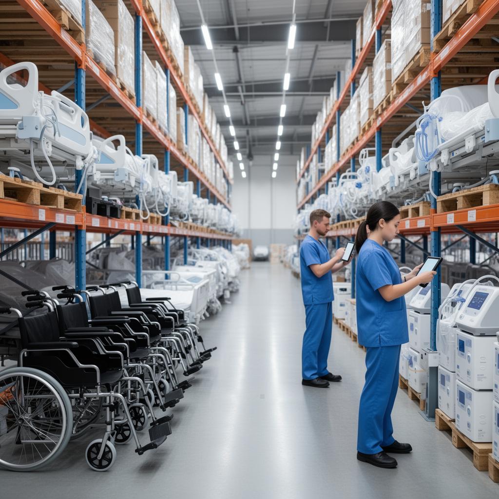 Modern DME | HME warehouse with staff managing medical equipment inventory using tablets