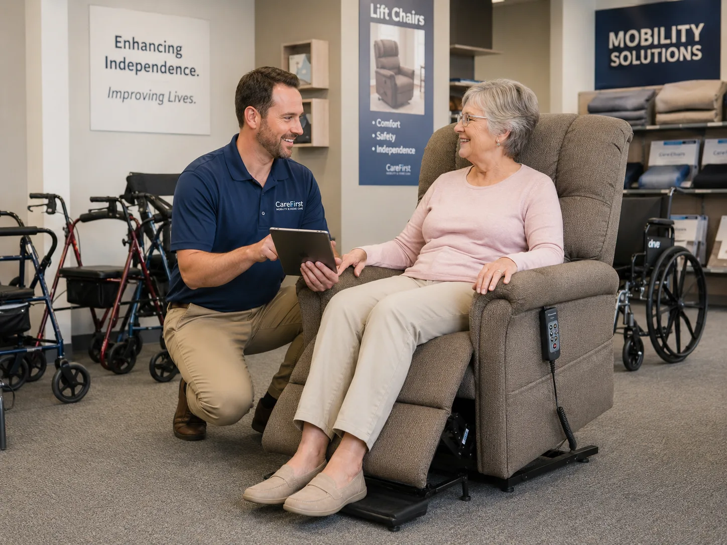 DME store associate kneeling next to an elderly patient seated in a lift chair, completing the sale on a tablet right on the showroom floor