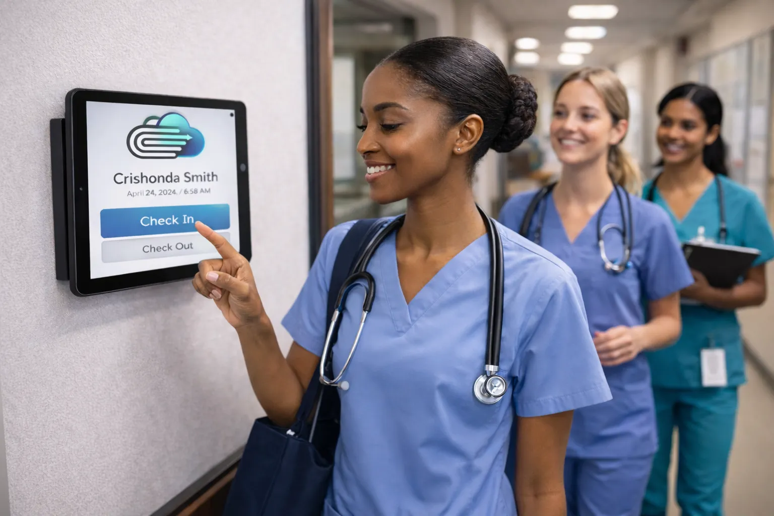 Healthcare staff clocking in using BFLOW® time clock on a wall-mounted tablet