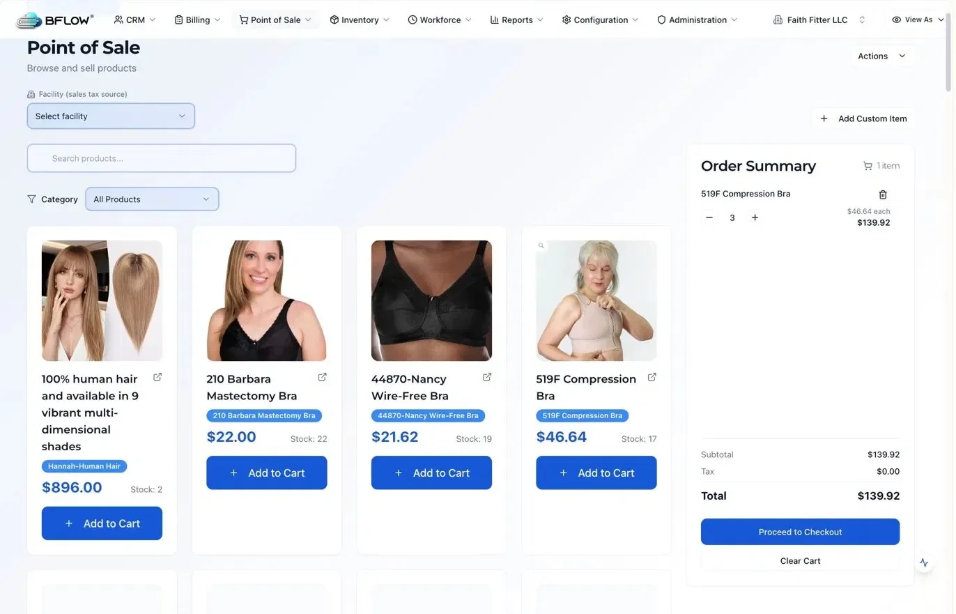 BFLOW Retail POS interface showing product catalog with images, category filters, and a live order summary on the right