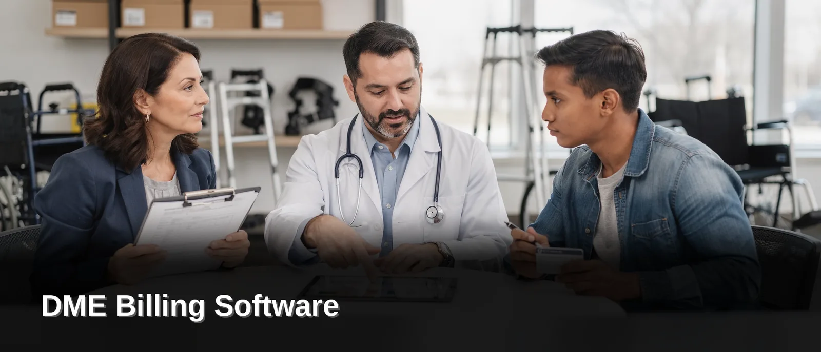 DME billing software: a provider team reviewing claims together in a medical equipment showroom