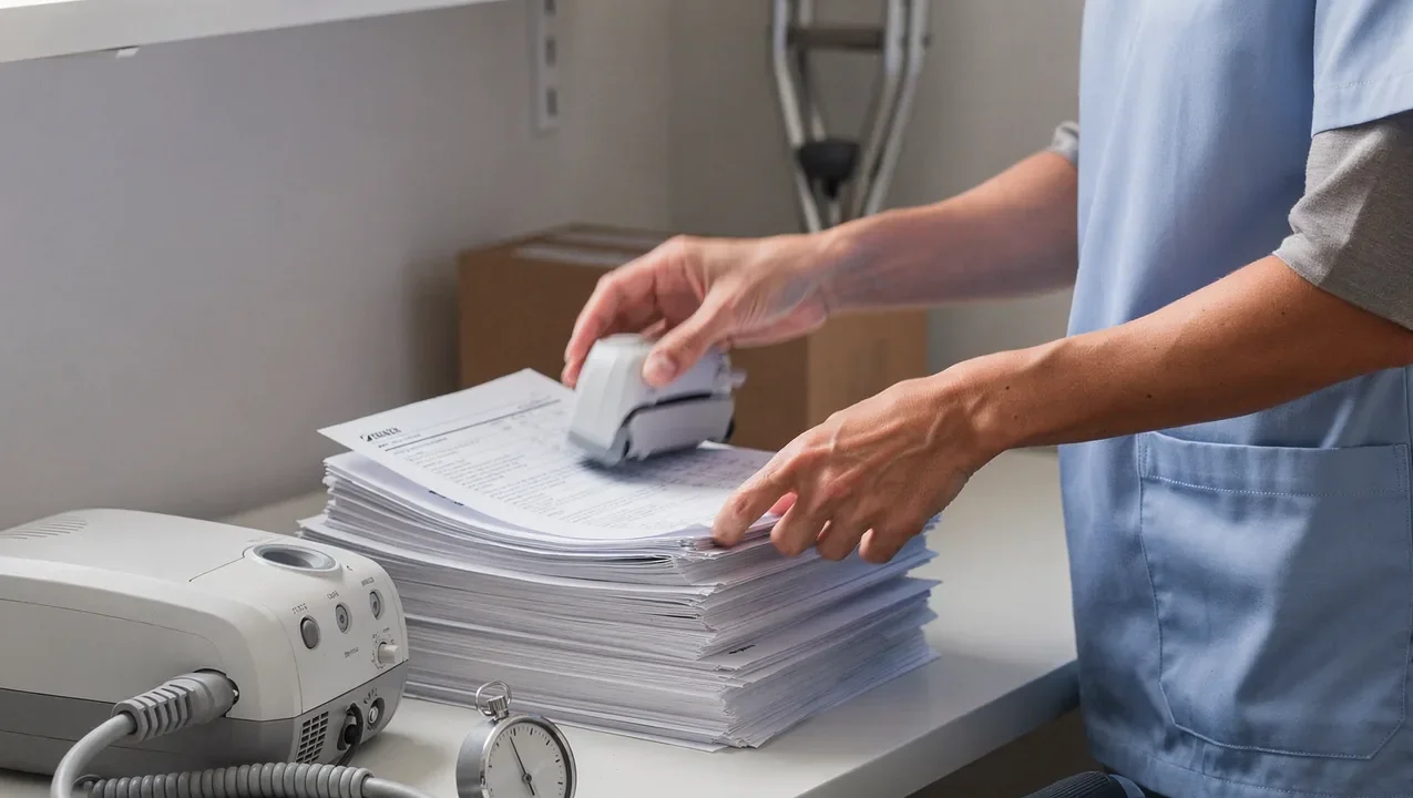 A DME staff member working through a tall stack of claim paperwork beside a CPAP machine and a stopwatch